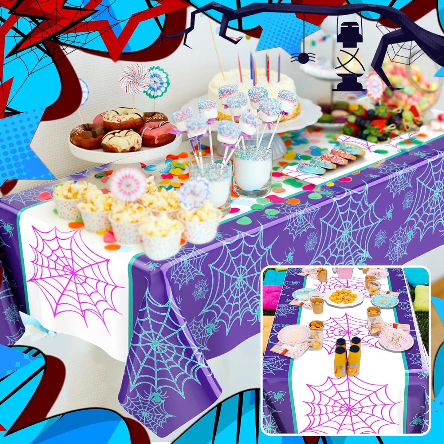 Oudain 3 Pack Spider Theme Birthday Decorations Halloween Purple Black Red Pink Green Web Ghost Bat Tablecloth Cartoon Table Cover Party Favor for Birthday (Purple,Black,Red,Spider)