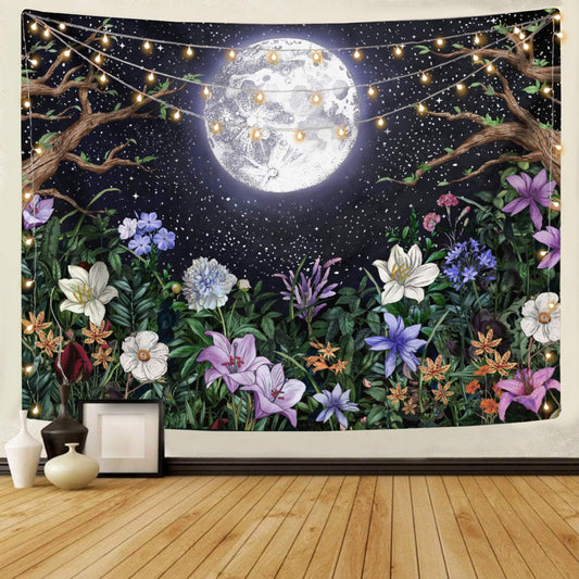 Neasow Aesthetic Moon Garden Tapestry Wall Hanging, Night Landscape with Colorful Plants Floral Tapestries for Bedroom Home Decor Multi Color 36×48 inch (90cm×120cm)