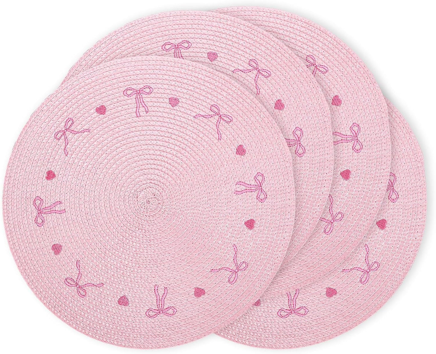 Whaline 4Pcs Round Placemats Pink Bow Embroidered Place Mats Coquette Bow Dinner Table Mats for Home Wedding Baby Shower Birthday Party Decor
