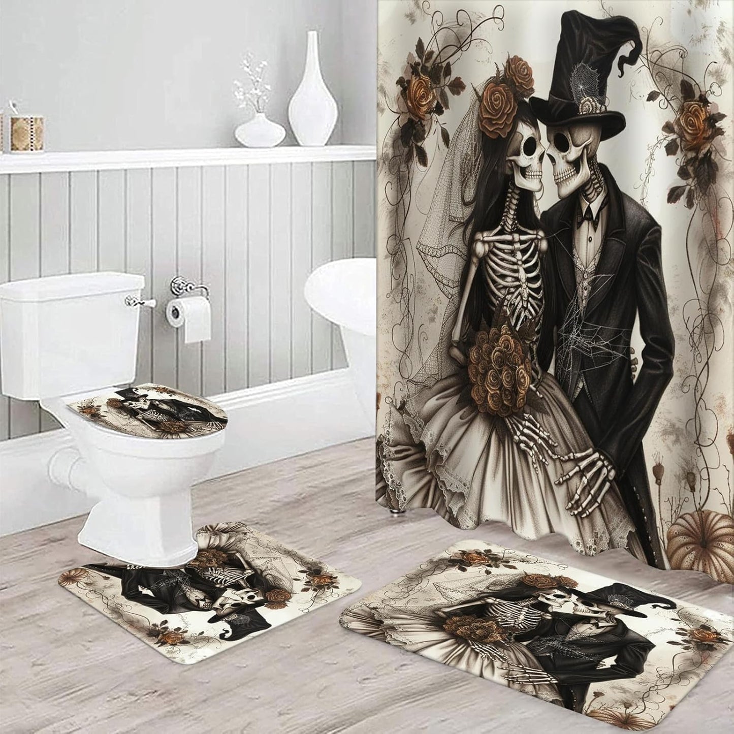 NEWSUYAA Halloween Decorations Shower Curtain Set with Non-Slip Rugs and Bath Mats,Black Skull Skeleton Bathtub Curtains with 12 Hooks,All Saints'Day (Nov 1st) Bathroom Decor