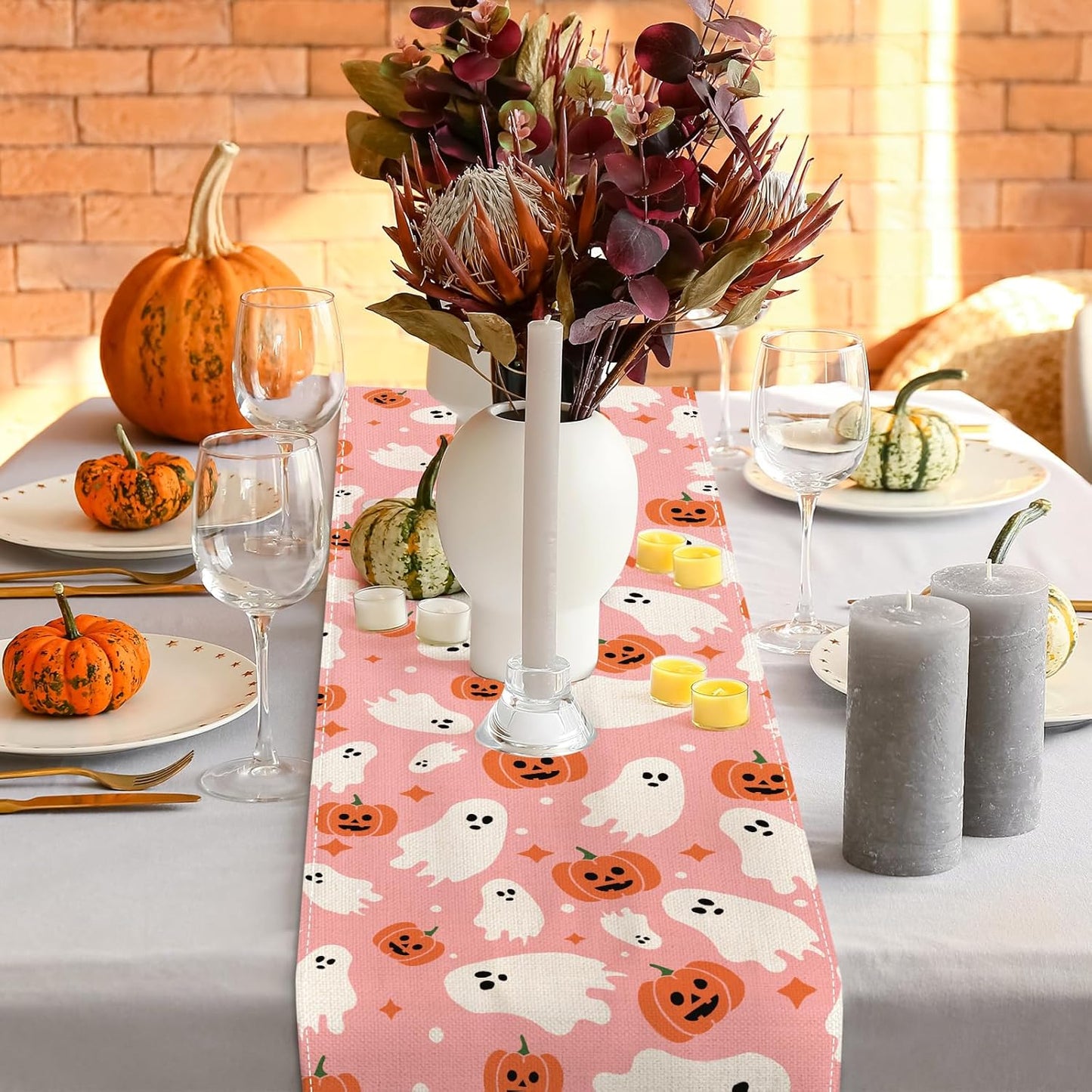 AnyDesign Pink Halloween Table Runner Cute Ghost Table Cover Spooky Halloween Kitchen Dining Table Decoration for Indoor Outdoor Home Party Supplies, 13 x 72 Inch