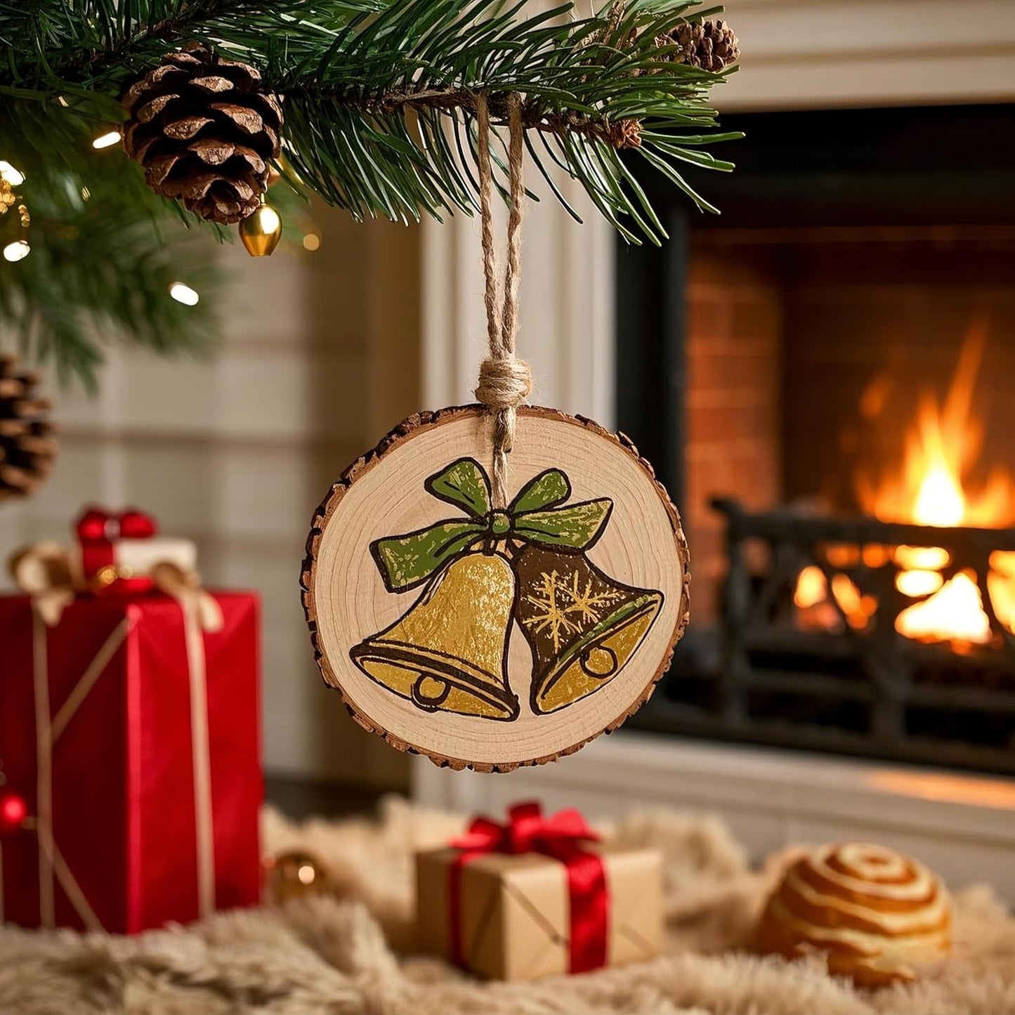 20PCS Pre-Drilled Wood Slices with Holes, 3.2-4 Inch Natural Pine Discs & 8M Hemp Rope, Sanded Smooth DIY Crafts Kit for Christmas Ornaments, Rustic Wedding Decor, Kids Art (20pcs)