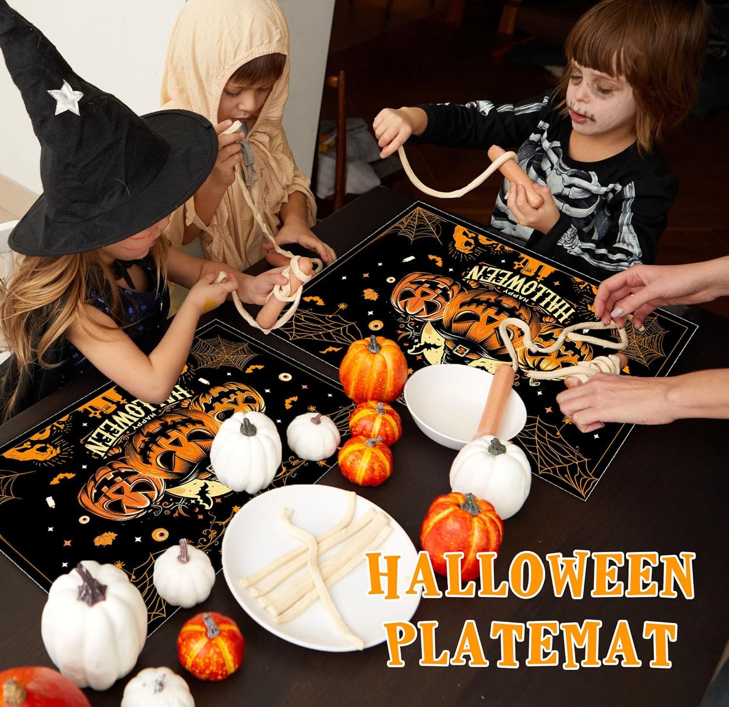 Halloween Spooky Placemats Set of 4, 12x18 Inch Pumpkin Bat Table Mats, Washable Heat Resistant Place Mats for Kitchen Dining Table, Halloween Themed Decoration for Home-B05