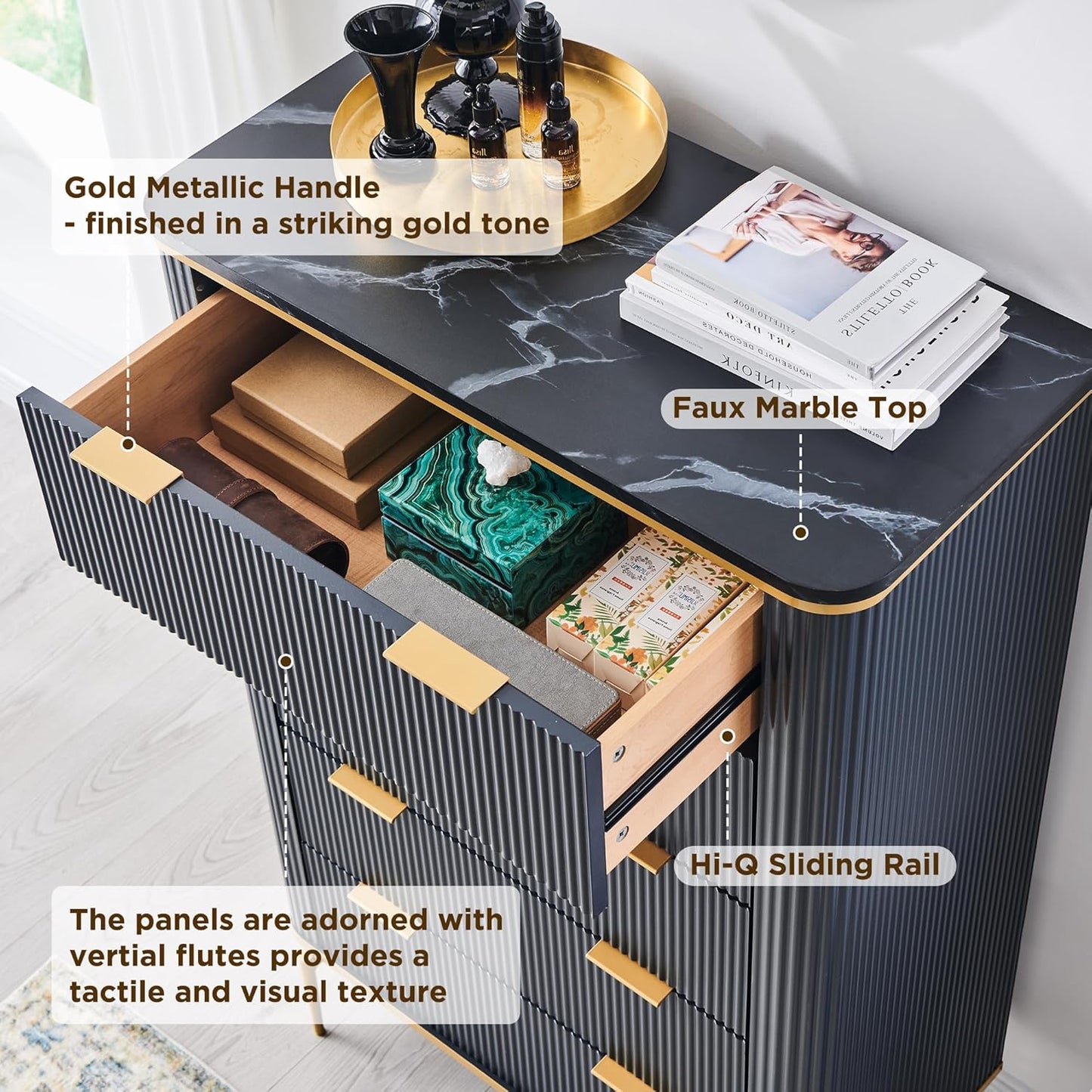 T4TREAM Fluted 5 Drawers Dresser for Bedroom, 48" Tall Modern Dresser Chest of Drawers, Gold Accents, Fluted Fronts, Wood Storage Dressers Organizer for Bedroom, Living Room, Dark Grey