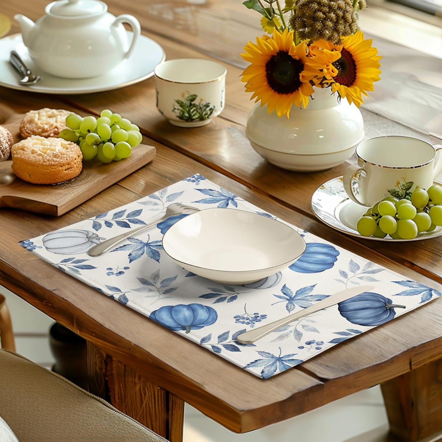 Blue Pumpkin Maple Leaves Fall Placemats Set of 4 Autumn Thanksgiving Harvest Linen Place Mat Non Slip Heat Resistant Washable Table Mats for Party Kitchen Dining Decoration