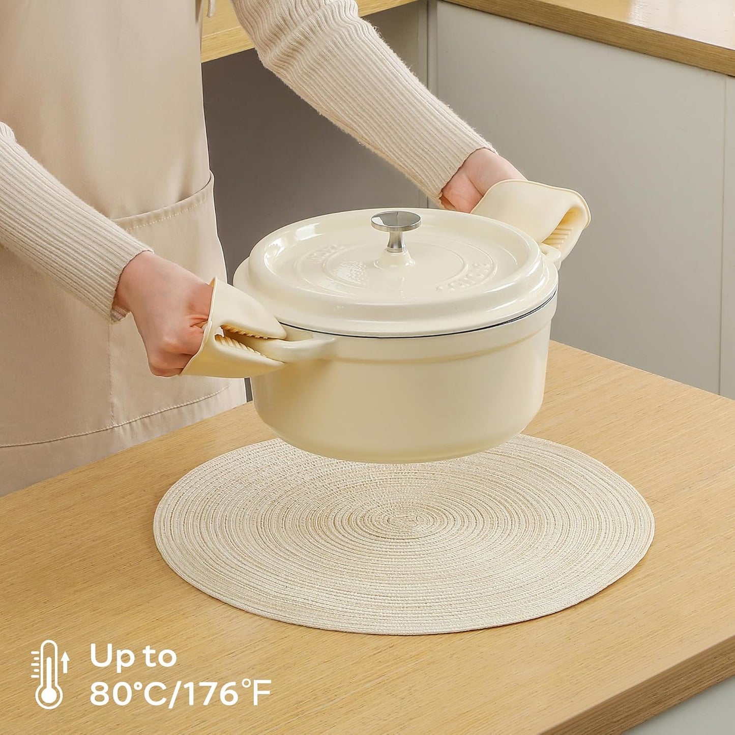 Leetaltree Round Placemats Heat and Slip Resistant Cotton Table Mats, Washable Bohemian Placemats for Dining Tables (White Beige, Set of 6)