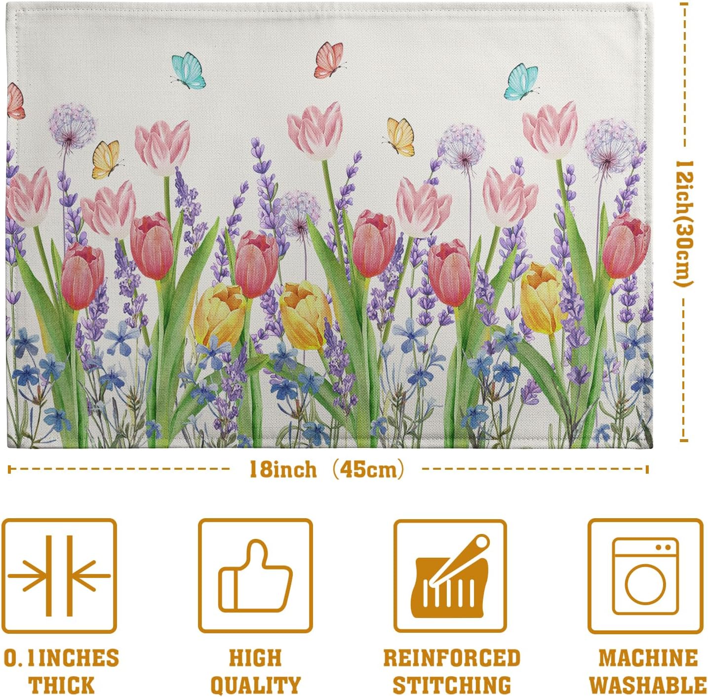 Tulip Placemats Set of 4 Spring Summer Flowers Tulips Lavender Place Mats Watercolor Floral Dandelion Butterfly Non-Slip Heat Resistant Washable Linen Table Mats for Dining Table Kitchen Decor