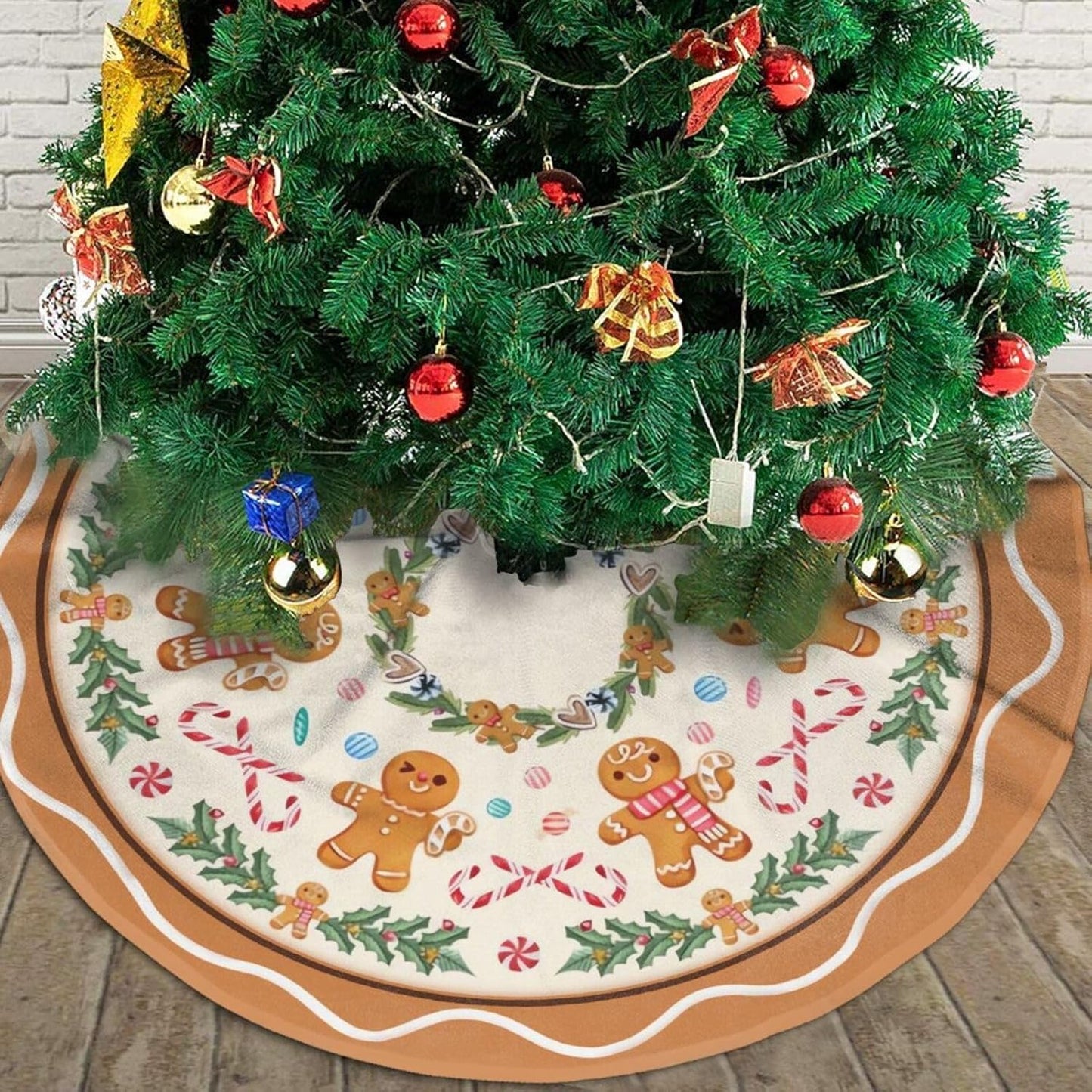 Christmas Tree Skirt,Gingerbread Xmas Tree Skirt Rustic Farmhouse Tree Skirt for Christmas Decor Xmas Holiday Home Party Decorations36