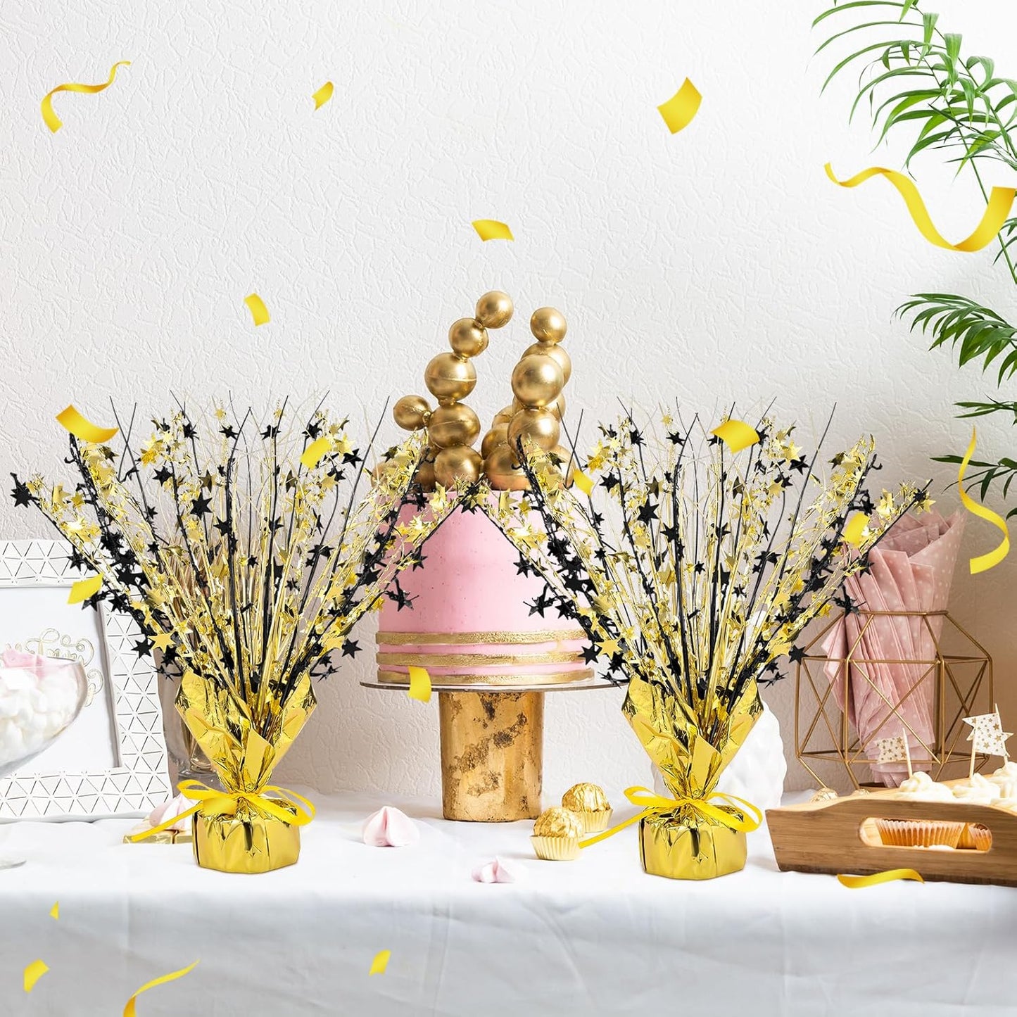 Crowye 18 Pieces Metallic Foil Spray Centerpiece Party Star Table Decoration Burst Metallic Table Centerpieces for Birthday Party Season Holiday (Black Gold)