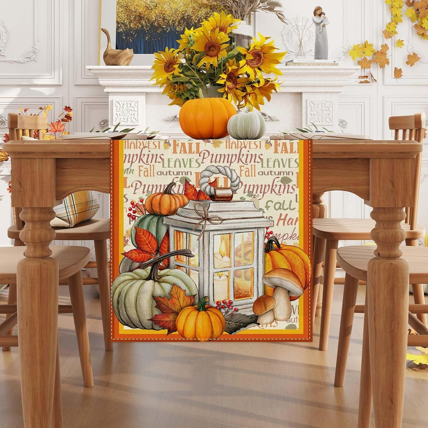 Linen Fall Table Runner 36 Inches Long - Farmhouse Leaves Pumpkin Table Decor for Autumn Thanksgiving Home Kitchen Dining Room Decorations
