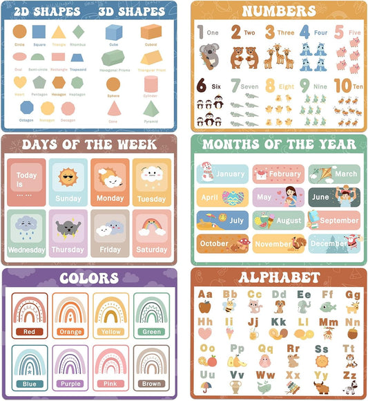 Educational Preschool Placemats for Kids Set of 6 Boho Toddler Plastic Placemat Reusable Washable Children Montessori Eat Table Mat for Homeschool Nursery Kindergarten Classroom Dining Table