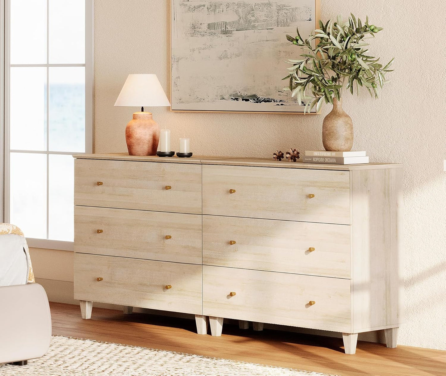 WAMPAT Dresser with 6 Drawers, Bedroom 70.8" Wide Wood Chest of Drawers, Modern Closet Storage Organizer Dressers w/Solid Wood Legs for Living Room, Children's Room, Nursery, Light Oak