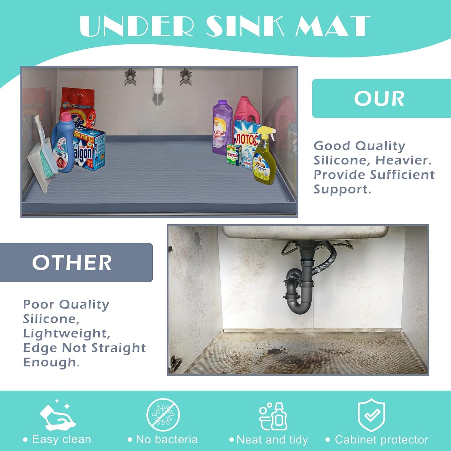 URMONA Waterproof Silicone Under Sink Mat 19'' x 19'' Shelf Liner for Kitchen and Bathroom, Cabinet and Counter Protector, Storage and Organizers, Litter Mat, Pet Cat Puppy Essentials(Light Grey)