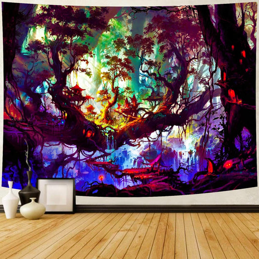 Delur Fantasy Forest Tapestry Mystical Landscape Magical Enchanted Forest Tree Nature Tapestry Psychedelic Wall Hanging Headboard for Bedroom Living Room Home Decor (59.1" x 78.7")