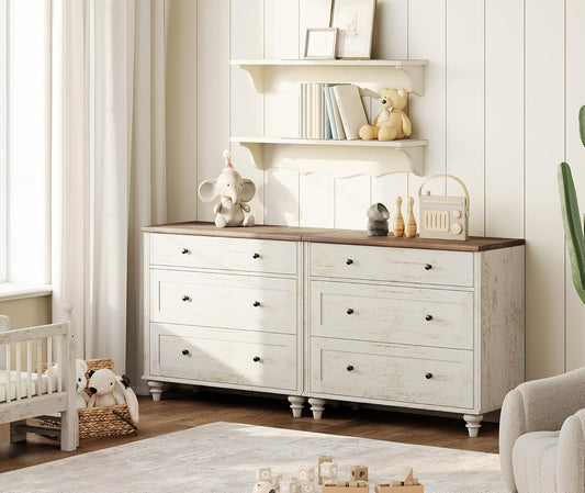 WAMPAT Kids Dresser for Bedroom with 6 Drawers, Baby Dressers with Wide Chest of Drawers, Farmhouse Wooden Closet Storage Organizer, Large Wood Dressers for Living Room, Nursery, Hallway, Rustic White