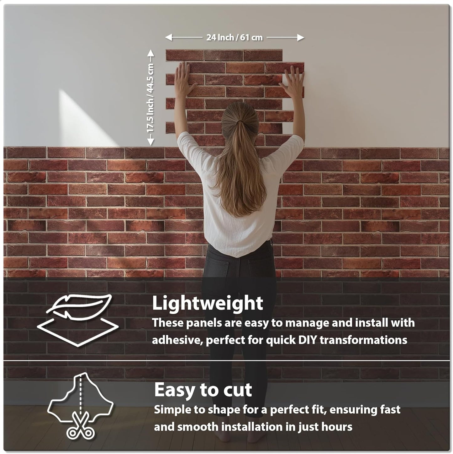 CONCORD WALLCOVERINGS ™ 3D Red Faux Brick Wall Panels - Pack of 20, Lightweight 17.5" x 24" (44.5 cm x 61 cm) PVC Sheets, Decorative Stone Tiles for Living Room, Kitchen - Covers 58.33 Sq Ft