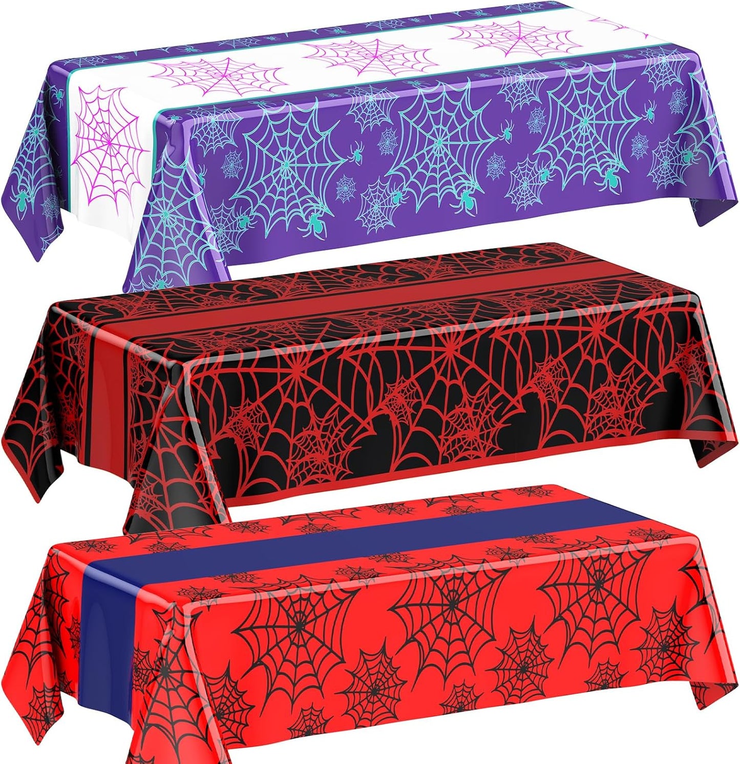 Oudain 3 Pack Spider Theme Birthday Decorations Halloween Purple Black Red Pink Green Web Ghost Bat Tablecloth Cartoon Table Cover Party Favor for Birthday (Purple,Black,Red,Spider)