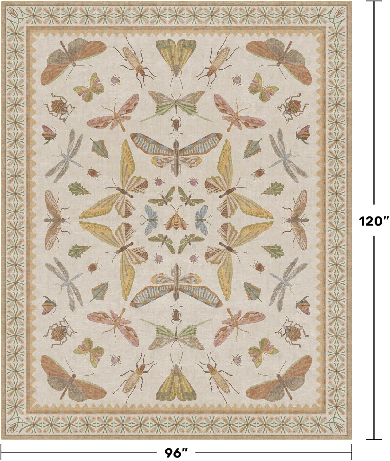 8x10 Fun Rugs For Bedroom - Maximalist Rug for Living Room, Playroom, Dining Room Under Kitchen Table, Washable Soft Stain Resistant Low Pile, Butterfly Insect Floral Cottage Decor, Beige & Yellow