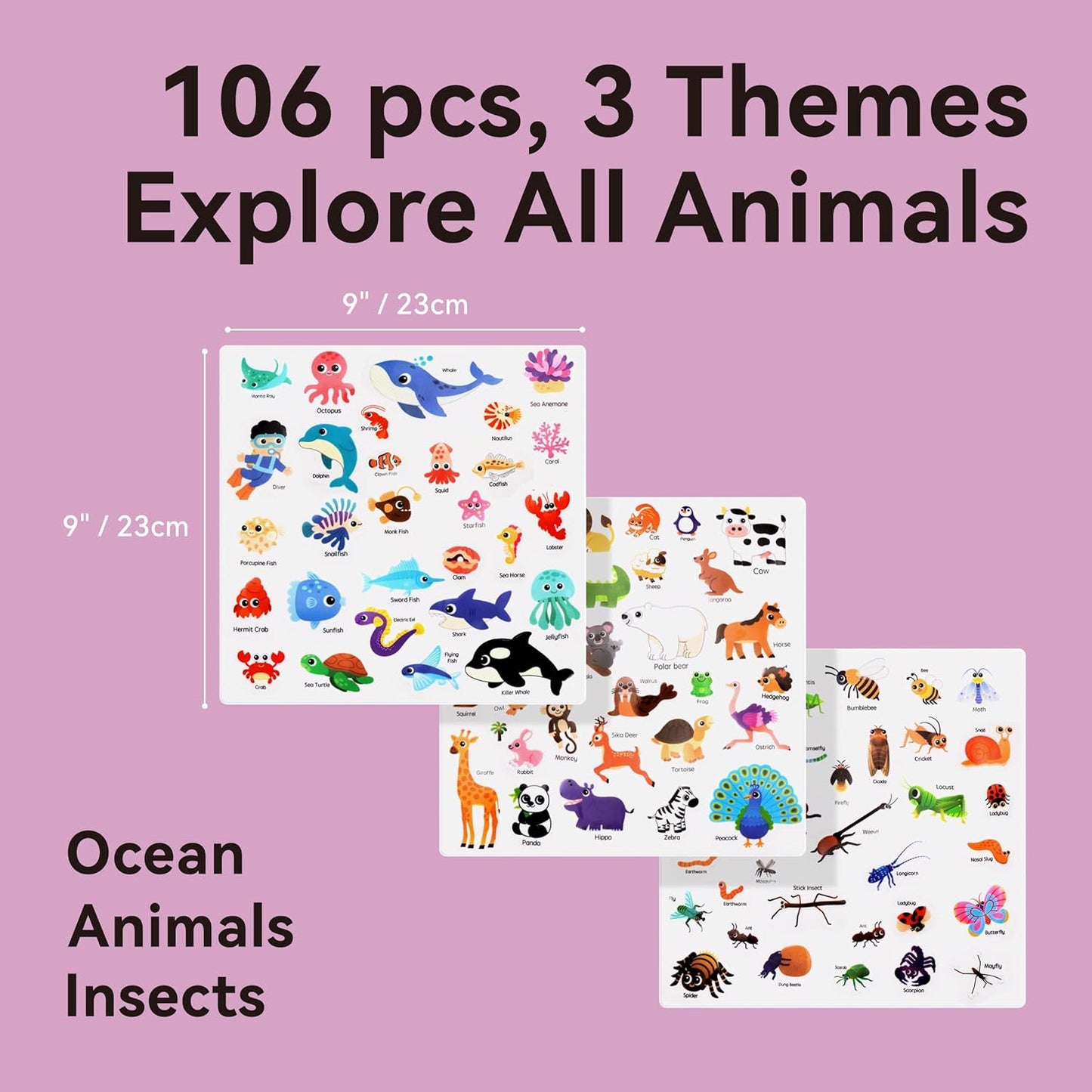 106 PCS Ocean/Animals/Insects Jelly Stickers - Thick, Removable Animal Window Clings for Toddlers. Great for Home, Classroom, Nursery Decor and Toddler Animal Party Supplies
