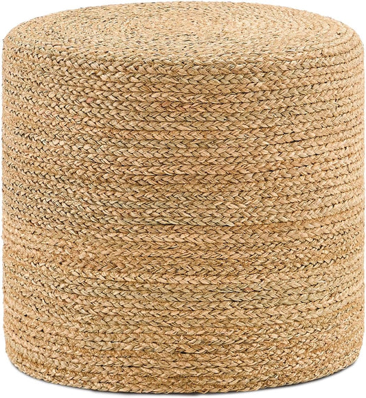 Handwoven Ottoman Pouf, Natural Seagrass Footstool, Round Braided Outdoor Seat with Sturdy Frame, Boho Accent Stool for Patio, Balcony, or Garden (Seagrass)