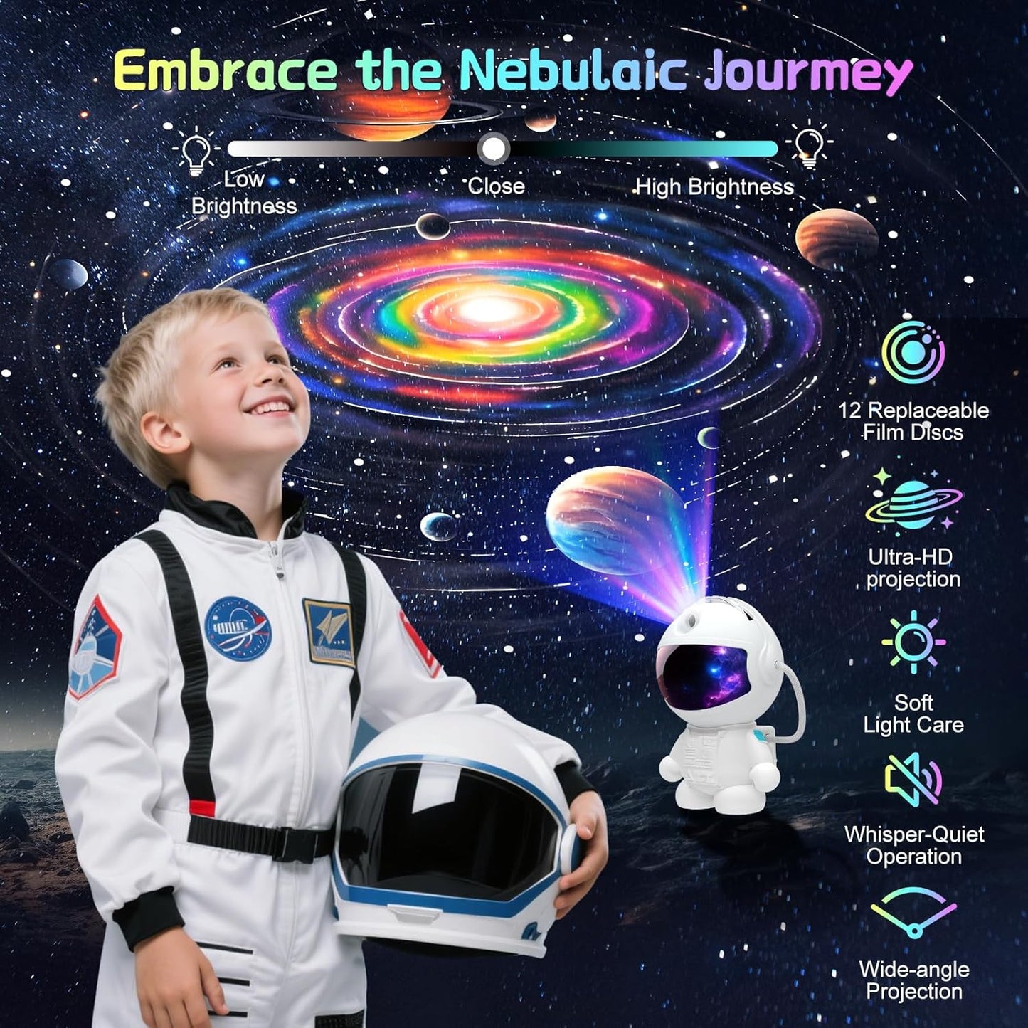 Space Galaxy Night Light Projector, Ultra-HD Astronaut Design, 12 Film Discs, LED Display with Adjustable Brightness