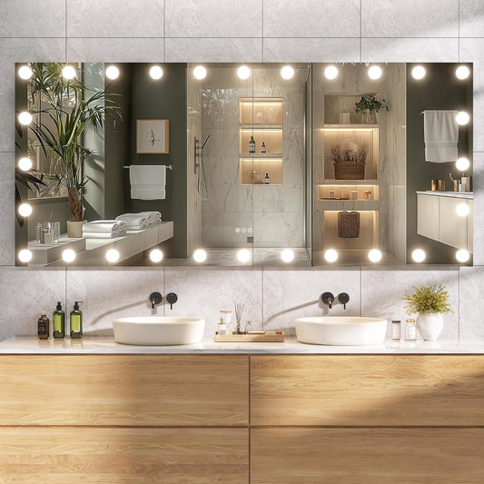 Hasipu LED Bathroom Mirror with Lights, 71" x 32" Hollywood Wall-Mounted Bathroom Mirror with 28 Dimmable Bulbs, 3 Colors Modes, Touch Control, Anti-Fog, Memory Function, Shatter-Proof, ETL Listed