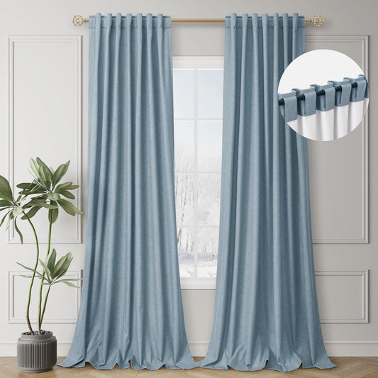 BOODII Blue Black Out Curtains 84 Inch Long for Bedroom Window Room Darkening Full Light Blocking Curtains Back Tab Neutral Elegant Nursery Baby Blackout Curtain Thermal Insulated Linen Drapes 52x84