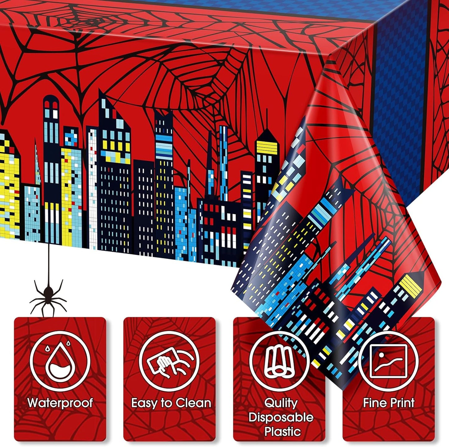 Oudain 5 Pcs Spider Tablecloth 108 x 54 in Red and Blue Plastic Disposable Table Covers City Web Theme Birthday Party Decorations Large Table Cloths for Party Indoor Outdoor (Classic)