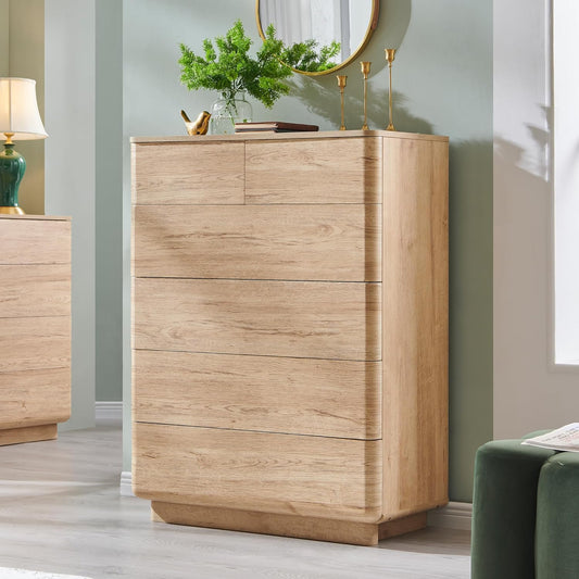 6 Drawer Dresser for Bedroom, 42 Inch Tall Modern Chest of Drawers, Push-to-Open Wood Storgae Organizer with Large Drawers for Bedroom, Living Room, Hallway, Natural Oak