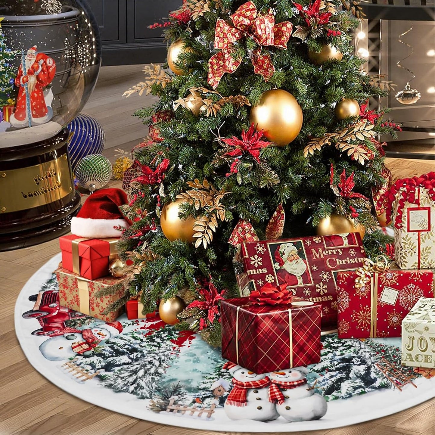 Christmas Tree Skirt 36 Inch, Red Snowman Trucker Xmas Tree Skirts, Winter Christmas Trees Mat for Home Party Holiday Indoor Outdoor Decorations