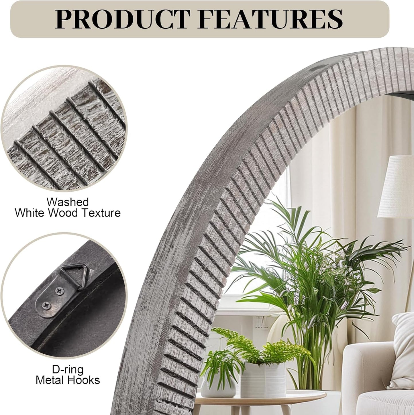 35" Round Wood Mirror, Large Wooden Round Mirror, Wood Round Mirrors for Wall Decor, Rustic Circle Wall Mirrors for Entryway, Living Room, White Washed Frame