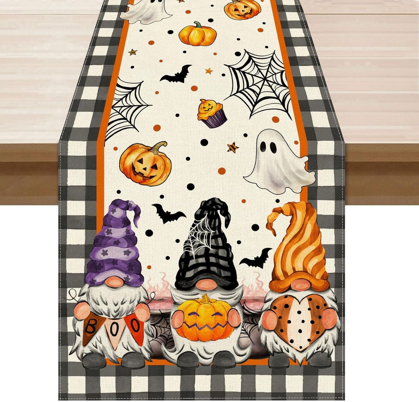 XCHI Spooky Boo Plaid Gnome Halloween Table Runner Party Table Decoration for Home Kitchen Dining Holiday Decor 13x120 Inch
