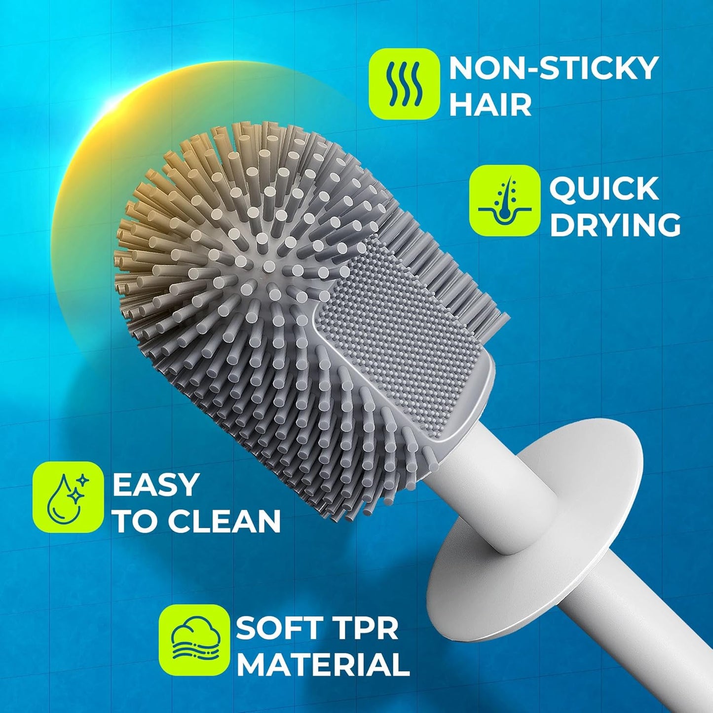 Silicone Toilet Brush and Holder Set with L-Shaped Brush Head, Wall Mounted Toilet Brush Set with Long Non-Slip Handles, Compact Toilet Bowl Cleaner Brush Suitable for RV Trailers & Bathroom (2 Pack)