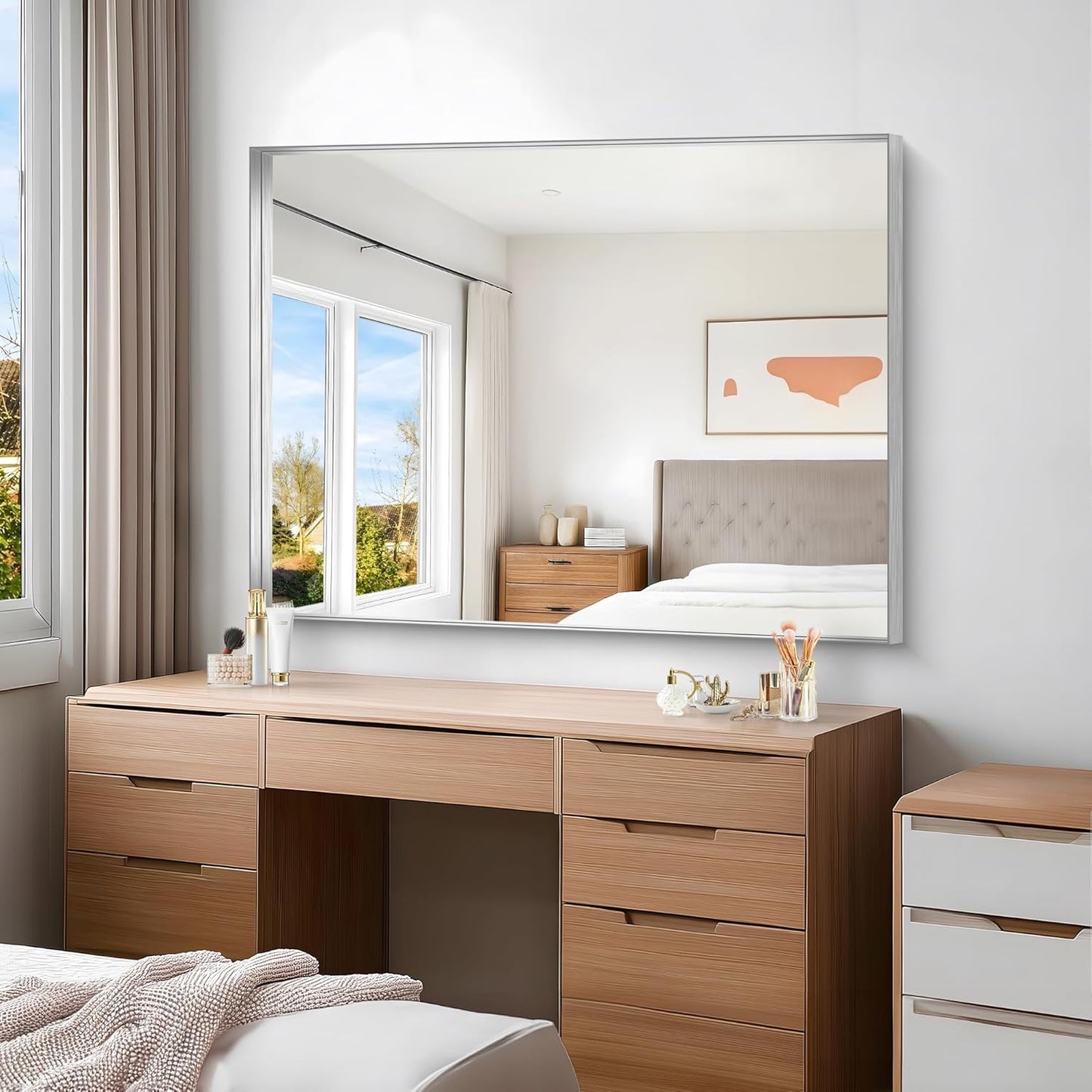 Silver Bathroom Mirror, 36x48 Inch Rectangular Deep Frame Mirror, Large Wall Mounted Bathroom Vanity Mirror Over Sink for Bedroom,Restroom, Living Room, Hangs Vertically or Horizontally