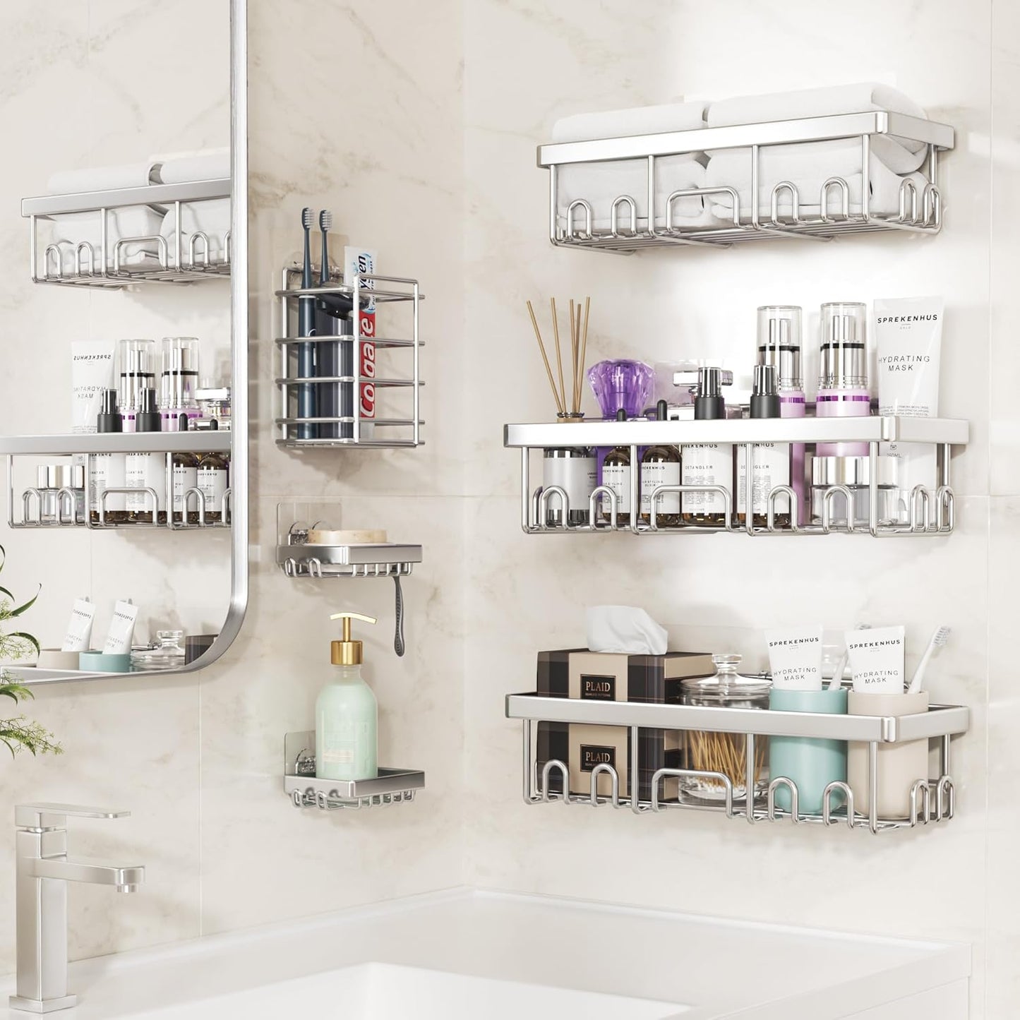 Veken Shower Caddy 6-Pack, Family Choice Award Winner, Large Wall Mounted Shower Rack, Bathroom Shelves Over Toilet, Organizer Storage Accessories with Soap Dish&Toothbrush Holder