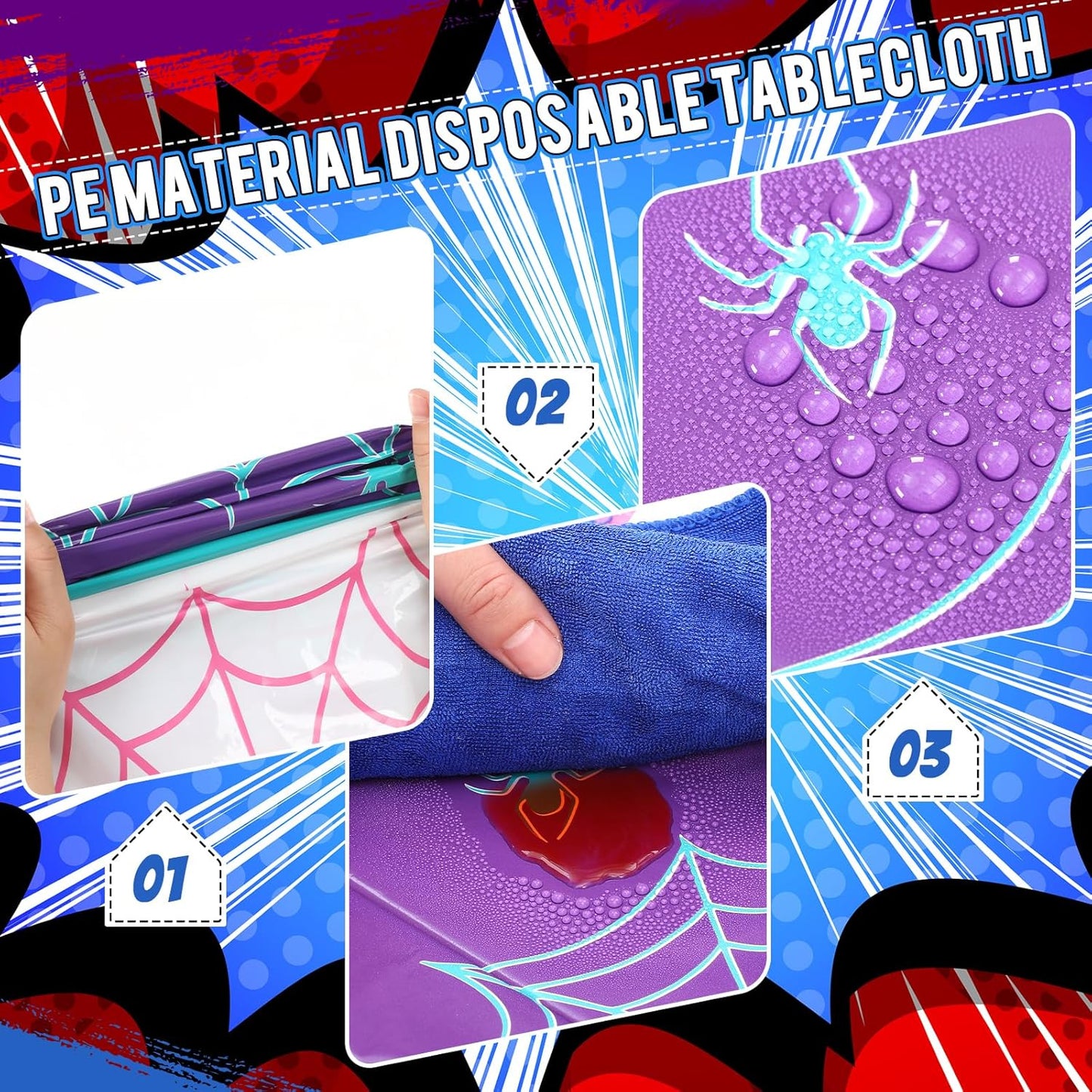 Oudain 3 Pack Spider Theme Birthday Decorations Halloween Purple Black Red Pink Green Web Ghost Bat Tablecloth Cartoon Table Cover Party Favor for Birthday (Purple,Black,Red,Spider)