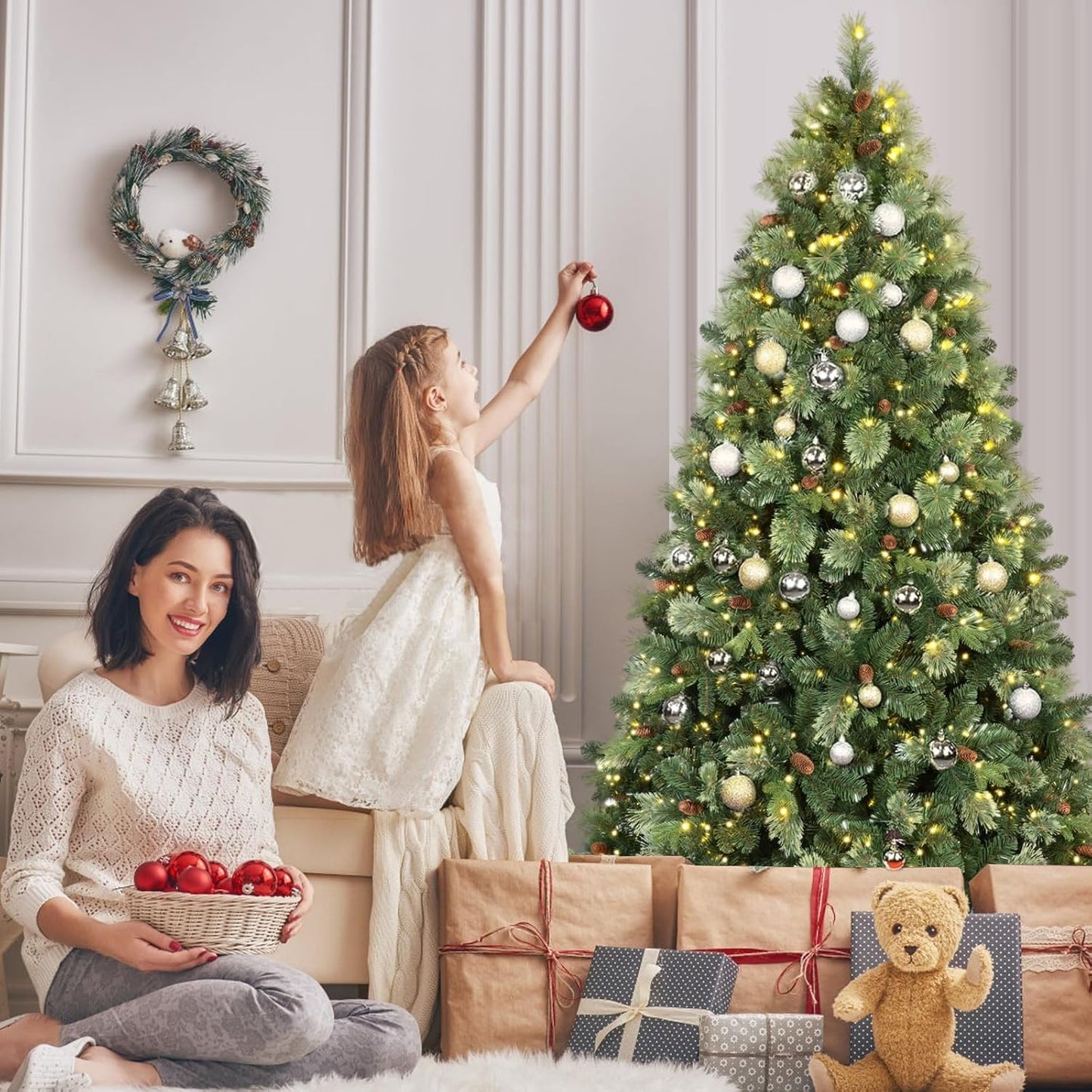 Kadunmina 8ft Prelit Christmas Tree, Artificial Carolina Pine Christmas Tree with 820 Warm White Lights, Pine Cones, 1897 Branch Tips and Metal Stand for Home, Office, Holiday Party Decoration