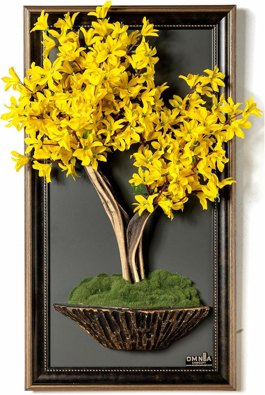 Omnia Artlife Concept Bonsai Art Life Tree Tableau - 9 - Handmade Tree Portrait, Wall Art, Wall Decor, Wallboard, Yellow/Brown/Gray