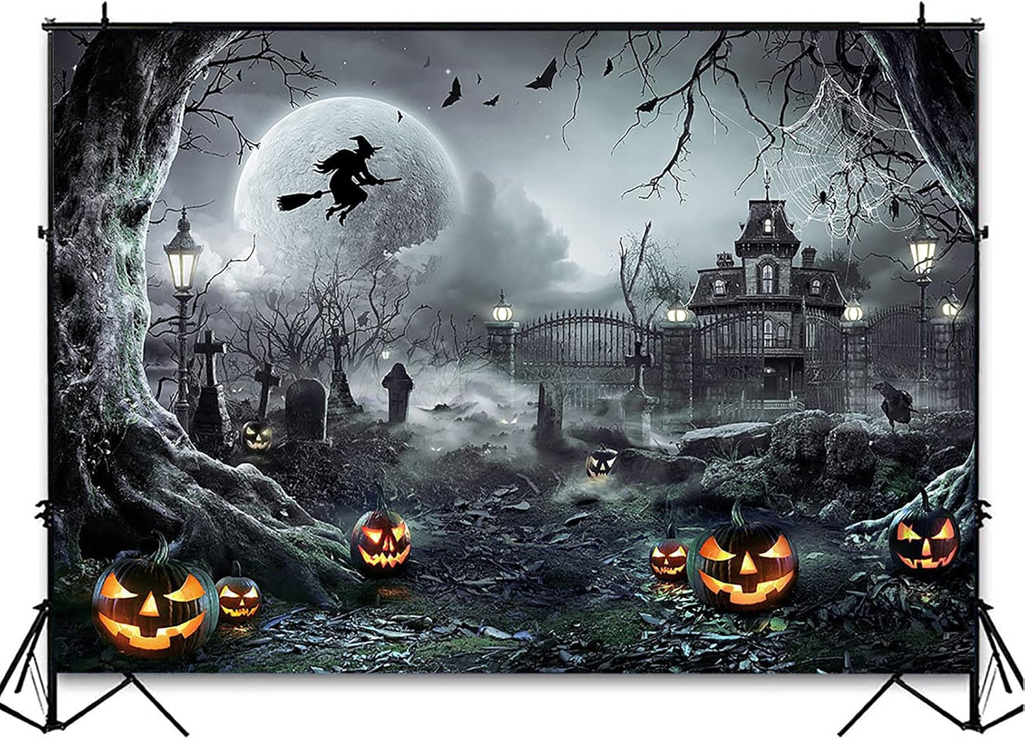 Avezano Halloween Photography Backdrop Full Moon Scary Night Castle Pumpkins Party Background Spooky Witch Bats Cemetery Child Kids Halloween Party Decorations Photoshoot Backdrops (10x7ft, Gray)