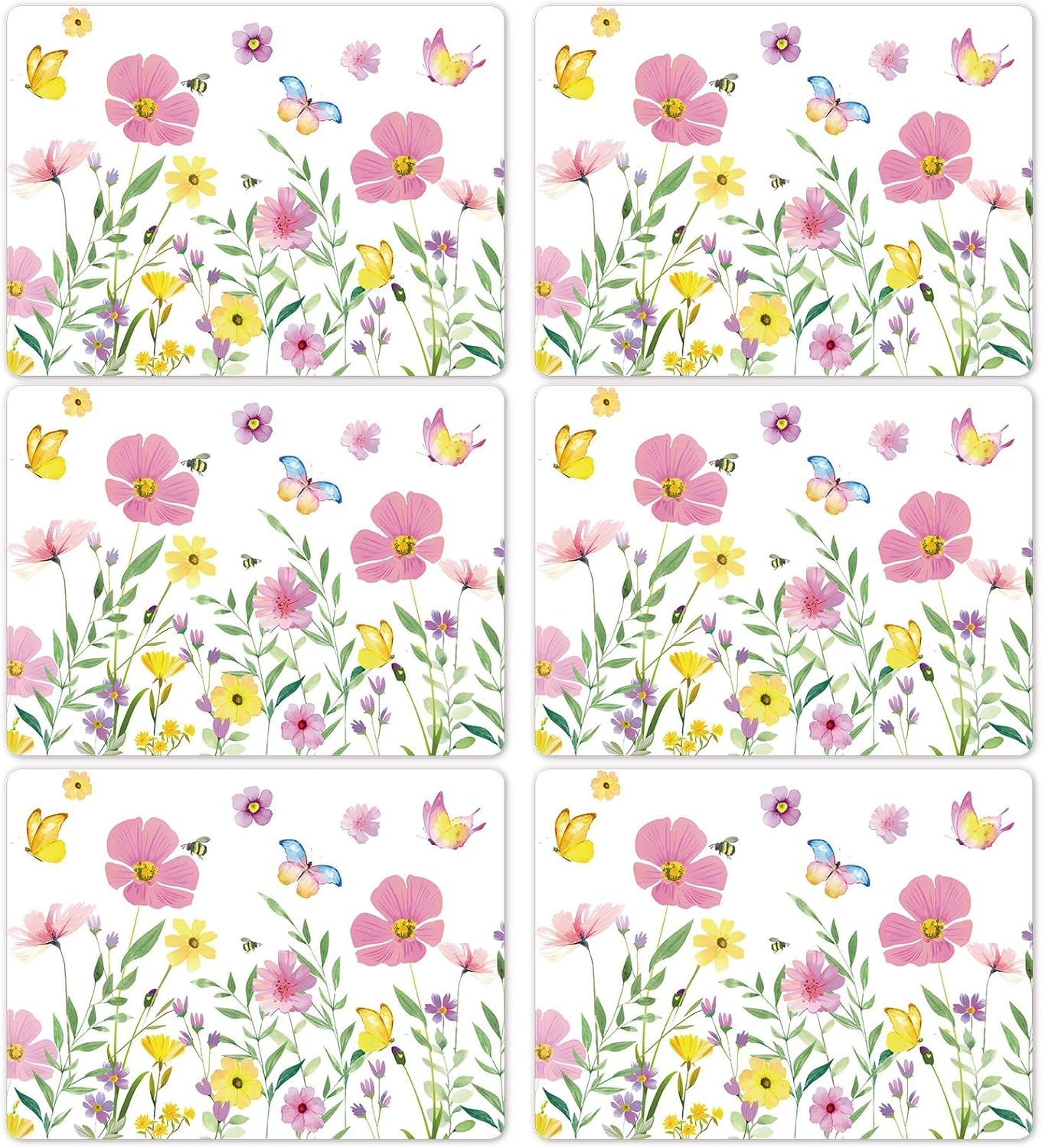 Spring Floral Butterfly Placemats Set of 6 Flower Summer Plastic Table Mats Wildflower Place Mats Washable Vinyl Rustic Holiday Table Decoration for Indoor Outdoor Party Kitchen Dining