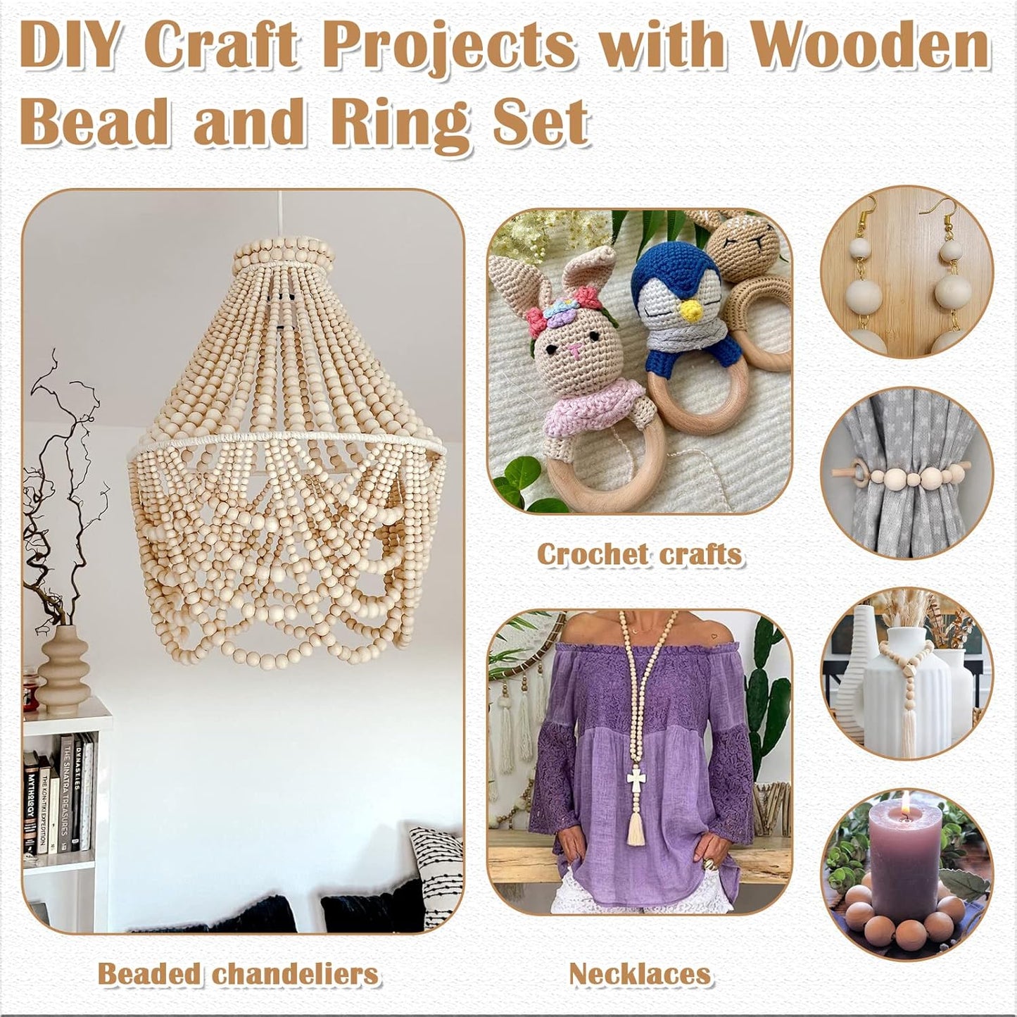 Wooden Beads for Crafts, 660 Pcs Natural Loose Wood Beads Rings Bulk Include Unfinished Beads with Holes, Smooth Wooden Ring, Polygon Spacer Beads Twine for Ornament Jewelry Making Home Garland Décor