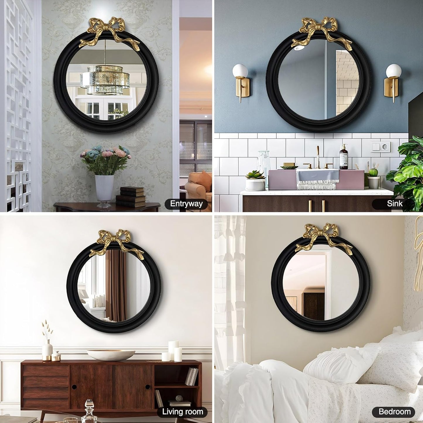 25x25 inch Bow Antique Round Mirror for Wall, Gold & Black Decorative Wall-Mounted Circle Mirror, Perfect for Bedroom, Hallway, Living Room Décor, and Bathroom Vanity