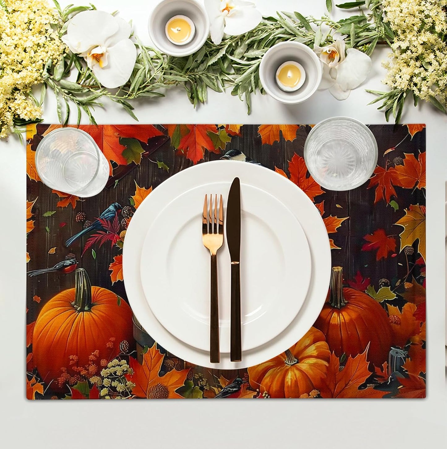 Pumpkin Maple Leaf Bird Fall Placemats Set of 4 Autumn Thanksgiving Seasonal Holiday Harvest Linen Table Mats Orange Brown Washable Place Mats for Party Kitchen Dining Outdoor Indoor Decor