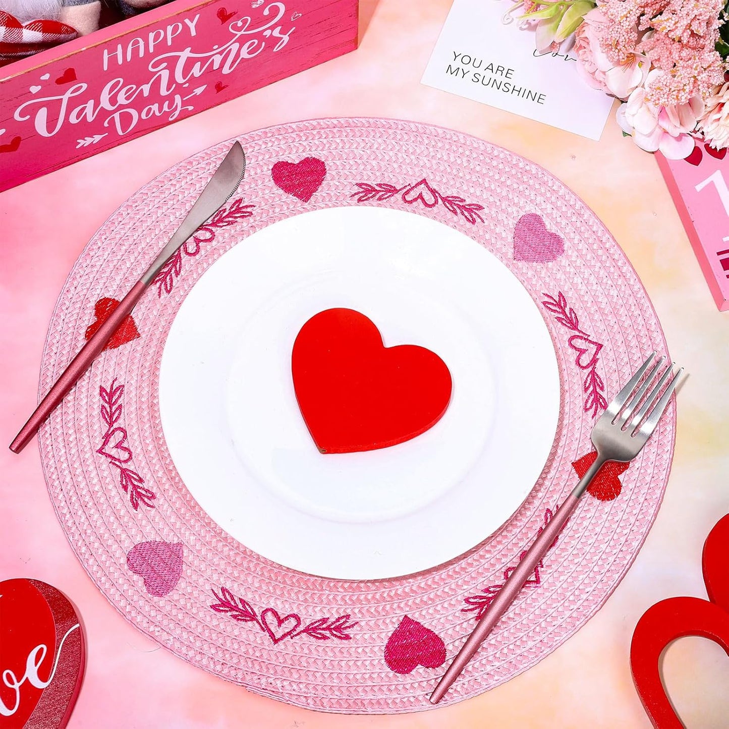 Whaline 4Pcs Round Valentine Placemats Red Pink Heart Embroidered Place Mats Decorative Dinner Table Mats for Home Wedding Anniversary Party Decor