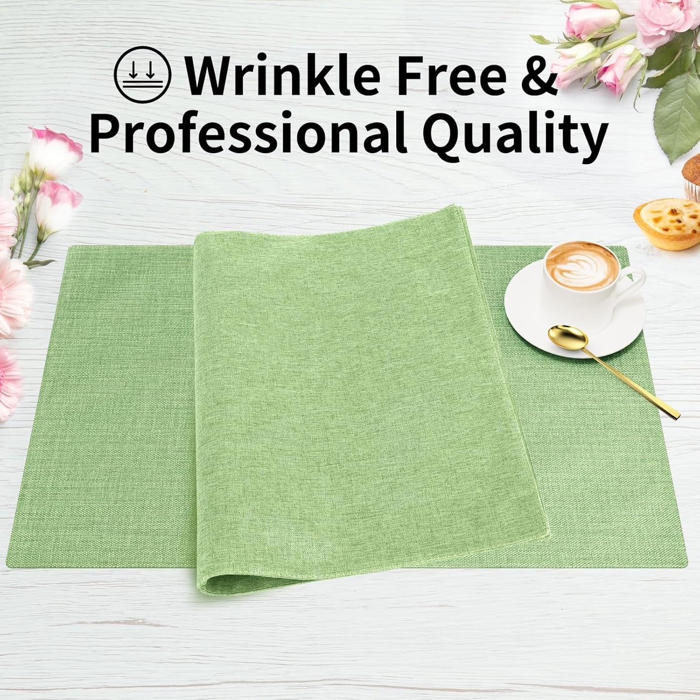 Cloth Placemats, Set of 4 Heat-Resistant Cotton Linen Blend Double Layered Machine Washable Place Mats, Wrinkle Free Thick Fabric Dining Table Mats for Indoors & Outdoors (Grass Green, 4)
