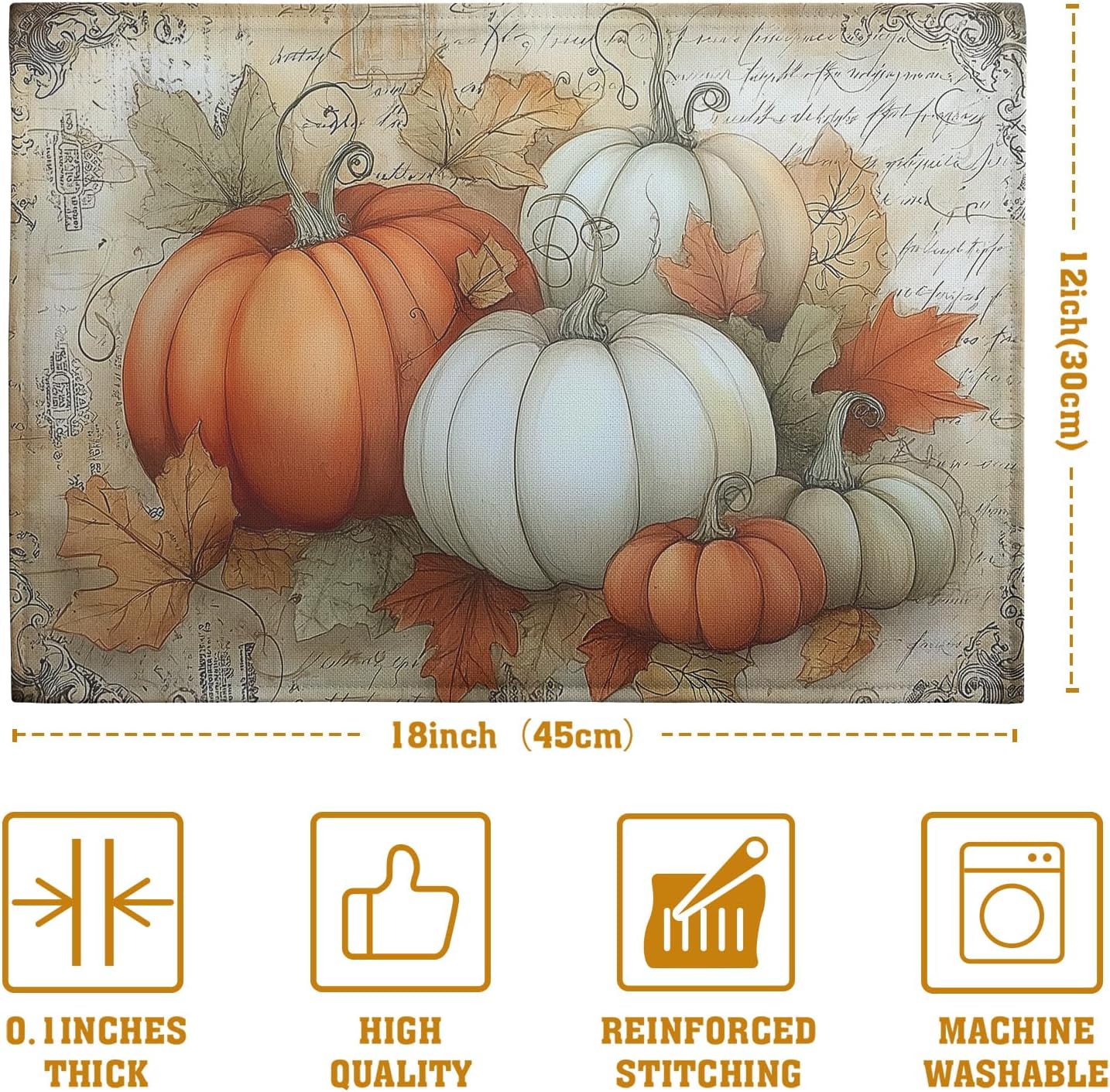 Fall Pumpkin Placemats Set of 4 Vintage Autumn Maple Leaf Seasonal Place Mats 12x18 Inch Thanksgiving Farmhouse Linen Fabric Table Mats for Party Kitchen Dining Outdoor Indoor Decor