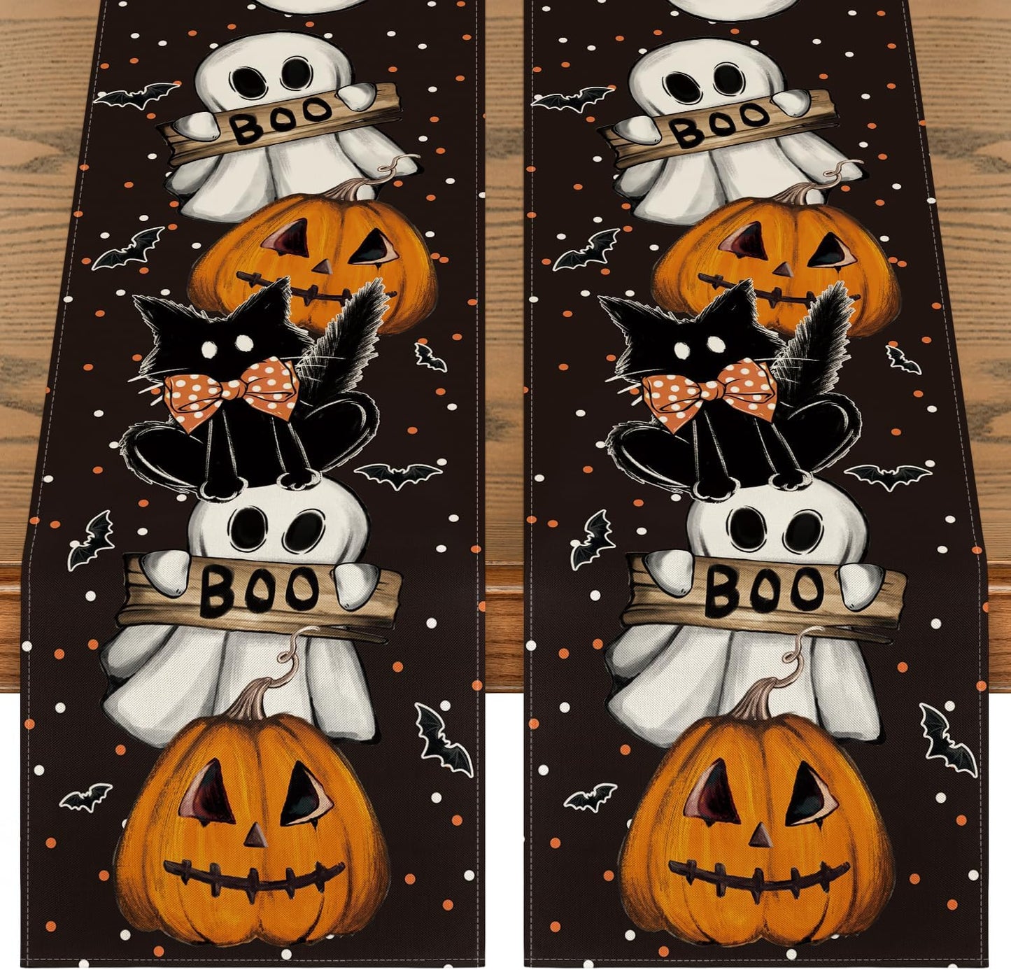 Artoid Mode Polka Dot Ghost Pumpkin Cat Boo 2PCS Halloween Table Runner, Bat Seasonal Fall Kitchen Dining Table Decoration Home Party Decor 13x72 Inch