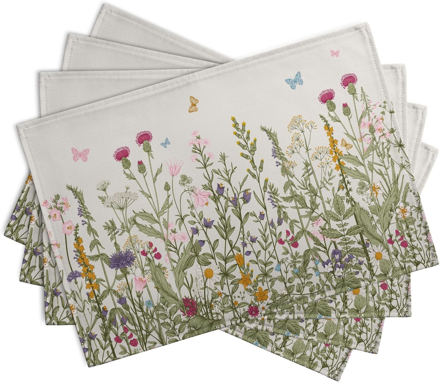 Rustic Wildflower Floral Placemats Set of 4 Spring Summer Vintage Flowers Plants Herbs Linen Table Mats 12x18 Inch Seasonal Flower Decorative Place mats for Farmhouse Kitchen Dining Decoration