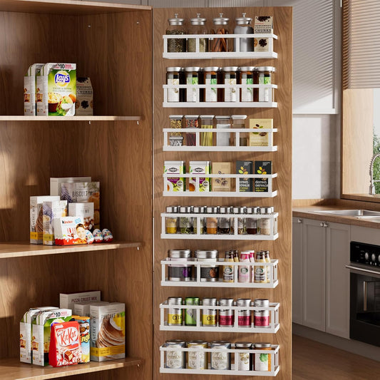 Over The Door Pantry Organizer, 8 Pack Spice Rack Wall Mounted & Hanging Storage Baskets Organizer Wall Mount, Large Capacity Metal Spice Shelf for Kitchen Cabinet, Bathroom, Shower, Home Decor