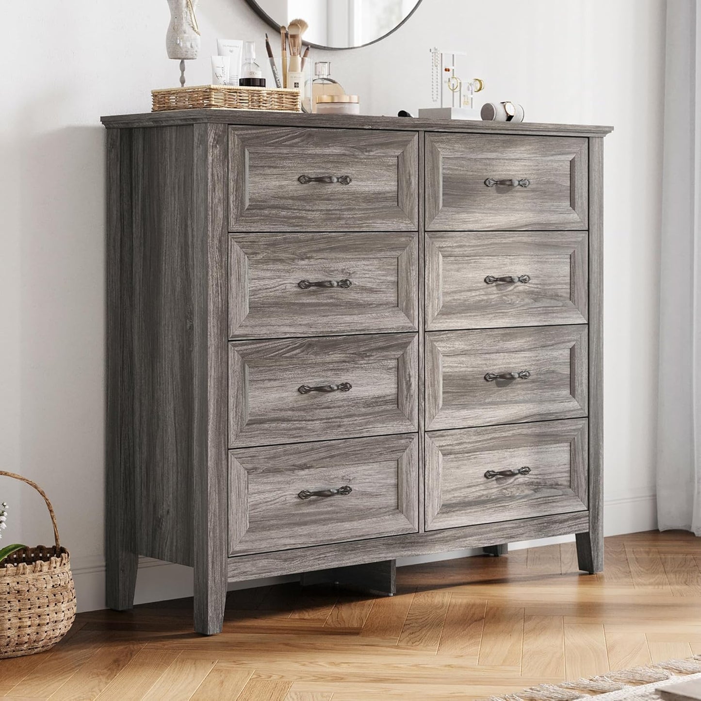 LINSY HOME Farmhouse 8-Drawer Dresser - Grey Chest of Drawers for Bedroom and Living Room Organization, Wood Dresser with Ample Storage Space and Rustic Charm